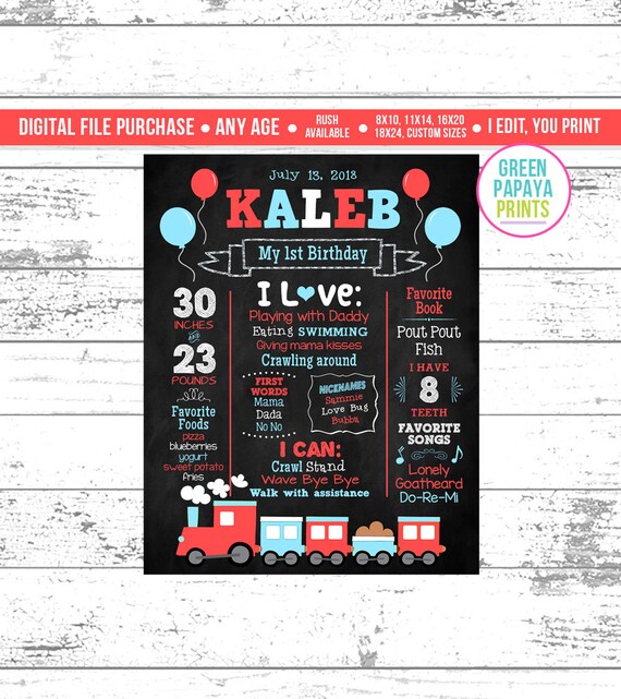 Train First Birthday Chalkboard Sign, Printable Party Decoration, Birthday Chalkboard Poster, 2nd Birthday, Digital File Il_570xn