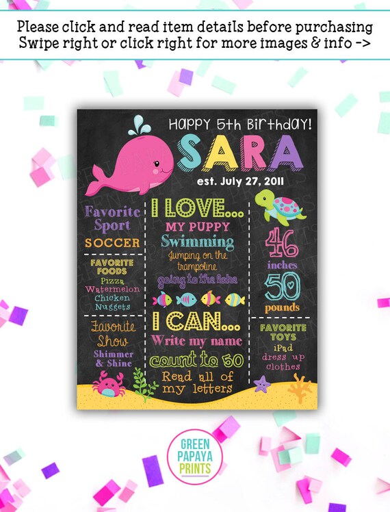 Girls Whale Birthday Chalkboard Sign, 2nd, 3rd Birthday, Any Age, Poster, Favorite Things, Ocean Party Decor, Under the Sea, Digital File Il_570xn