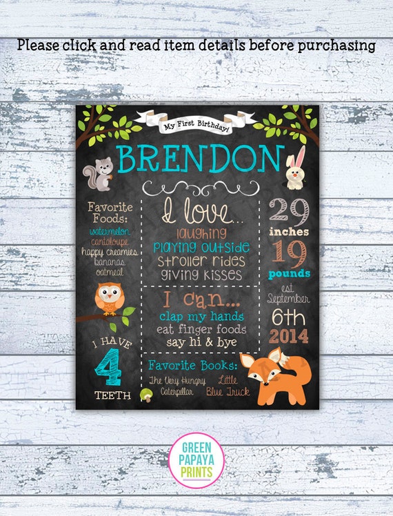 Woodland Birthday Chalkboard Sign - First Birthday - Forest Animals - Fox - Owl - Printable Digital File Customized - Milestones Sign - Il_570xn