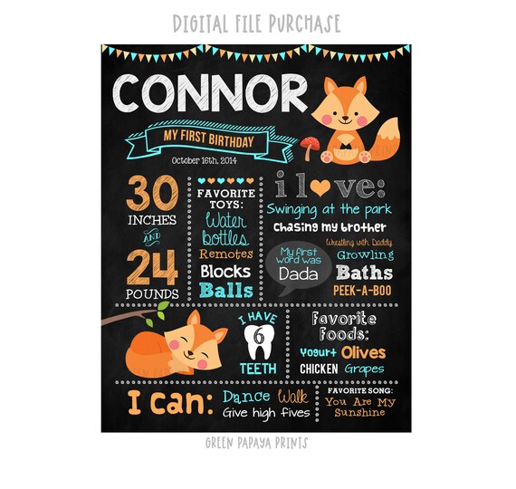 Fox First Birthday Milestone Chalkboard Sign, Woodland, Birthday Board, Gift, Keepsake, Printable Poster, Any Age, Digital File Il_570xn