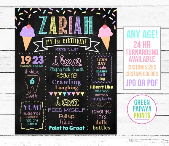 Ice Cream First Birthday Poster, Chalkboard Sign, Printable Birthday Board, Milestone, Keepsake, Digital File Il_570xn