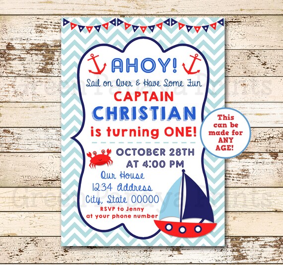 Nautical Birthday Invitation, Sailboat, O-Fishally One, 1st Birthday, 2nd Birthday, Crab, Digital File, Blue, Red, Boy, Invite Il_570xn