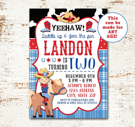 Printable Cowboy Birthday Invitation, 2nd Birthday, Any Age, Rustic Invitation, Country, Birthday Party Invite, Wild West, Digital File, Il_570xn