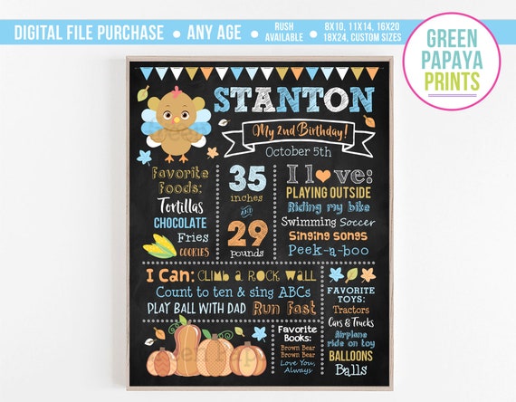 Little Turkey Boys Birthday Decorations, Blue, First Birthday, 2nd Birthday, Milestone Chalkboard, Poster, Sign, Fall, Printable, Digital Il_570xn