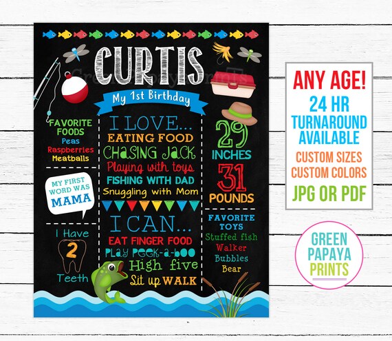 Fishing First Birthday Sign, O Fishally One, Stats, 1st Birthday Board, Printable Digital File Customized, Fishing Pole, Milestone Sign Il_570xn