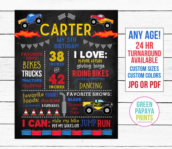 Monster Truck Birthday Chalkboard, First Birthday, Monster Jam, JPG, Digital File Printable Milestone Poster, Decoration, Keepsake Il_570xn