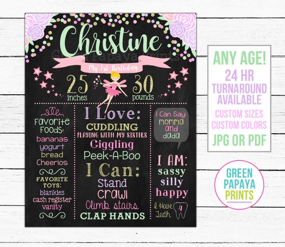 Printable Fairy First Birthday Poster, 1st Birthday Chalkboard, Milestone Sign, 2nd, 3rd, 4th, For a Girl, Cake Smash, Custom Digital File Il_570xn