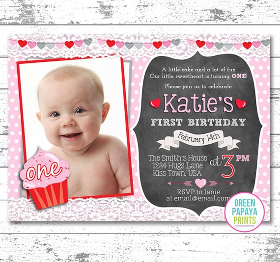 Valentine First Birthday Invitation - Hearts - Pink and Red - Girl - First Birthday - Valentine's Day Party - Cupcake - Any Age - Printable Il_570xn