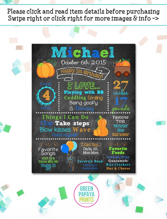 Boy's Pumpkin First Birthday Chalkboard- Printable Digital File Customized - Milestones Sign - Party Decoration - Pumpkin - October - Boy Il_570xn