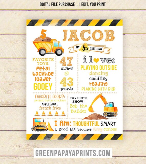 Construction 5th Birthday Milestone Sign, 1st Birthday, Any age, Builder, Truck, Bulldozer, Milestone Sign, Printable Digital File Il_570xn
