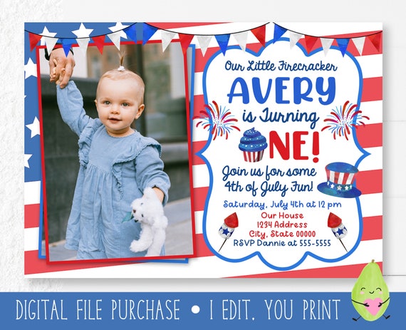 Little Firecracker Invitation with Photo, First Birthday Party, 4th of July Invitation, Fourth of July Invitation, Digital Invitation Il_570xn