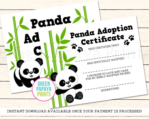 Panda Adoption Sign, Printable Panda Birthday Party Decor, Panda Adoption Certificate, Digital File, Instant Download, 8x10", PDF and JPG Il_570xn