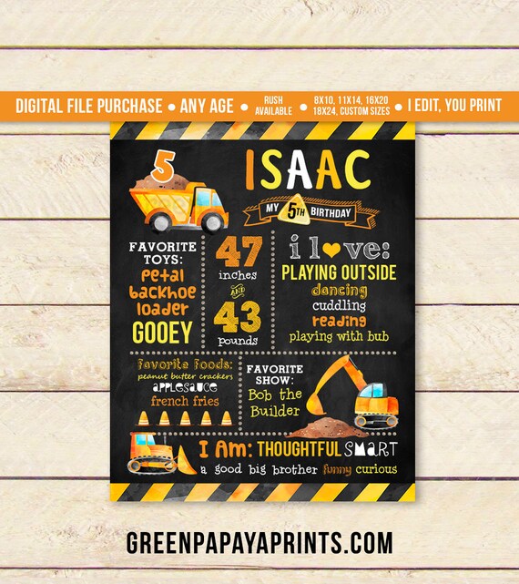 Construction 3rd Birthday Chalkboard, 1st Birthday, Any age, Builder, Truck, Bulldozer, Milestone Sign, Printable Digital File Il_570xn