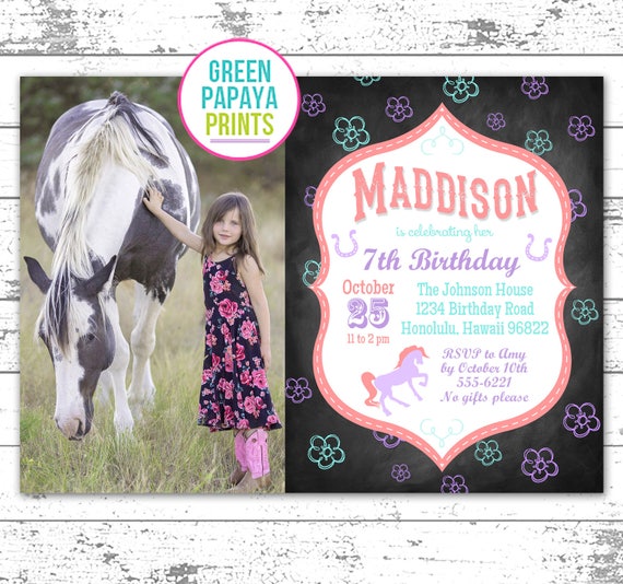 Girl Horse Birthday Invitation - Any Age - Equestrian, 5th, 6th, 7th, Purple, Teal - Printable Birthday Invitation Il_570xn