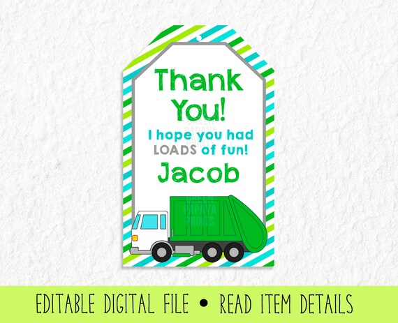 Garbage Truck Birthday Thank You Tag, Personalized Trash Man Birthday, Birthday Favor Tag, Editable Printable File Il_570xn