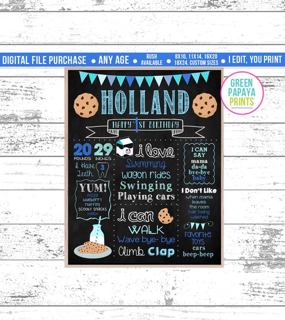 Cookie First Birthday Chalkboard Sign, Blue, Baby Blue, Milk and Cookies, Milestone Poster, Birthday Keepsake, Personalized, Printable File Il_570xn