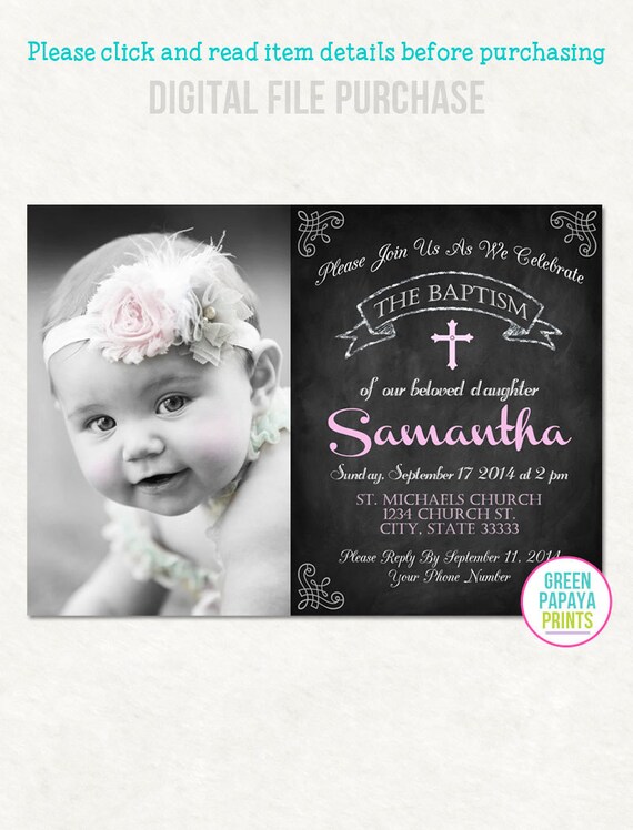 Printable Girl's Baptism Invitation Pink, Christening Invitation, Dedication, Godparent, Photo Invite, Invitation, Girl Il_570xn