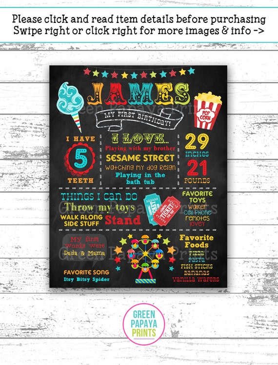 Carnival First Birthday Chalkboard Sign, Printable Poster, Boy, Any Age, 1st Birthday, Circus, Popcorn, Cotton Candy, Digital File Il_570xn