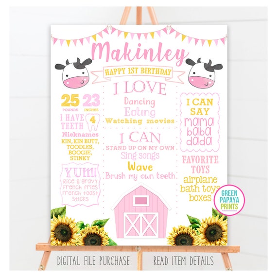 Cowboy Cow Birthday Milestone Chalkboard Poster Farm Party Decor Digital Boy Baby Stats First 1st Birthday Info Board Barnyard Bash