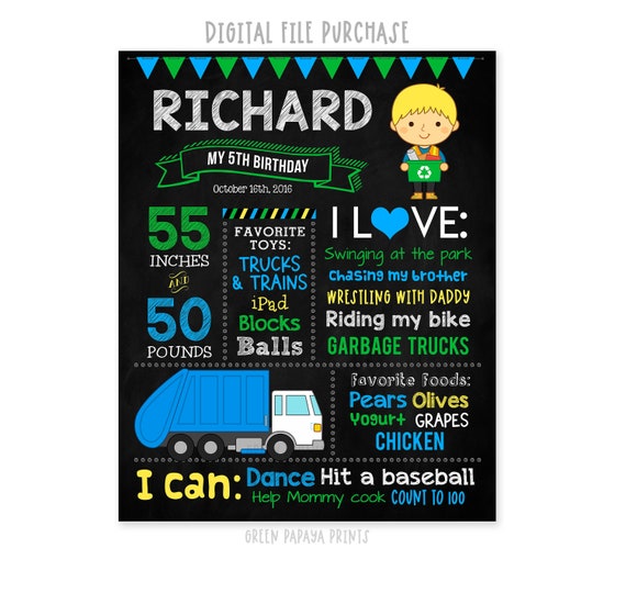 Trash Truck Birthday Poster, Garbage Truck Birthday, Personalized Milestone Sign, Recycle Truck Birthday Chalkboard, Printable Digital File Il_570xn