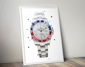 May include: A white and silver Rolex watch with a red and blue bezel. The watch is painted in a watercolour style with blue and red splatters.