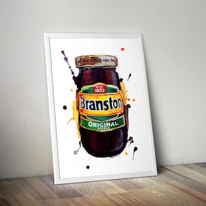 May include: A watercolour illustration of a glass jar of Branston Pickle. The jar is labelled with the words "Branston" and "Original Pickle". The jar is surrounded by yellow, orange, and red watercolour splatters.