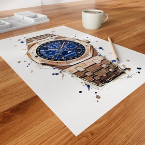 May include: Watercolor illustration of a luxury wristwatch with a gold-tone case and bracelet. The watch face is blue with multiple subdials and a moon phase indicator. Brown and blue paint splatters surround the watch on a white paper.