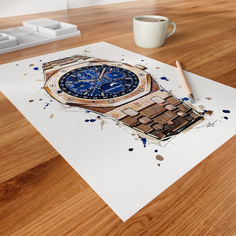 May include: Watercolor illustration of a luxury wristwatch with a gold-tone case and bracelet. The watch face is blue with multiple subdials and a moon phase indicator. Brown and blue paint splatters surround the watch on a white paper.