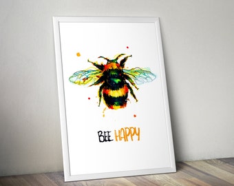 Bee Happy Bumblebee Wall Art Print