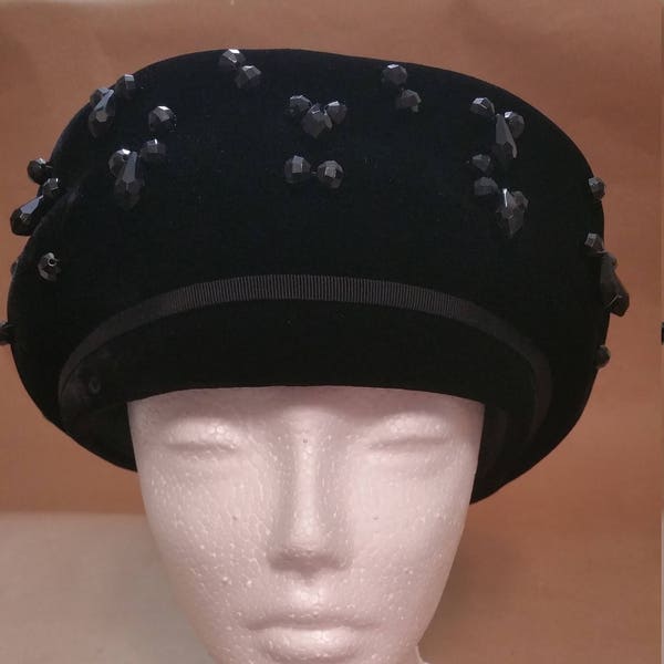 Pillbox Hat Black Velvet Jeweled