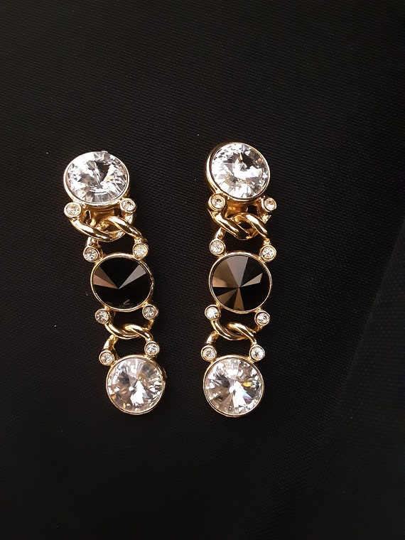 Vintage Lovely Rhinestone and Black Stone Earring… - image 1