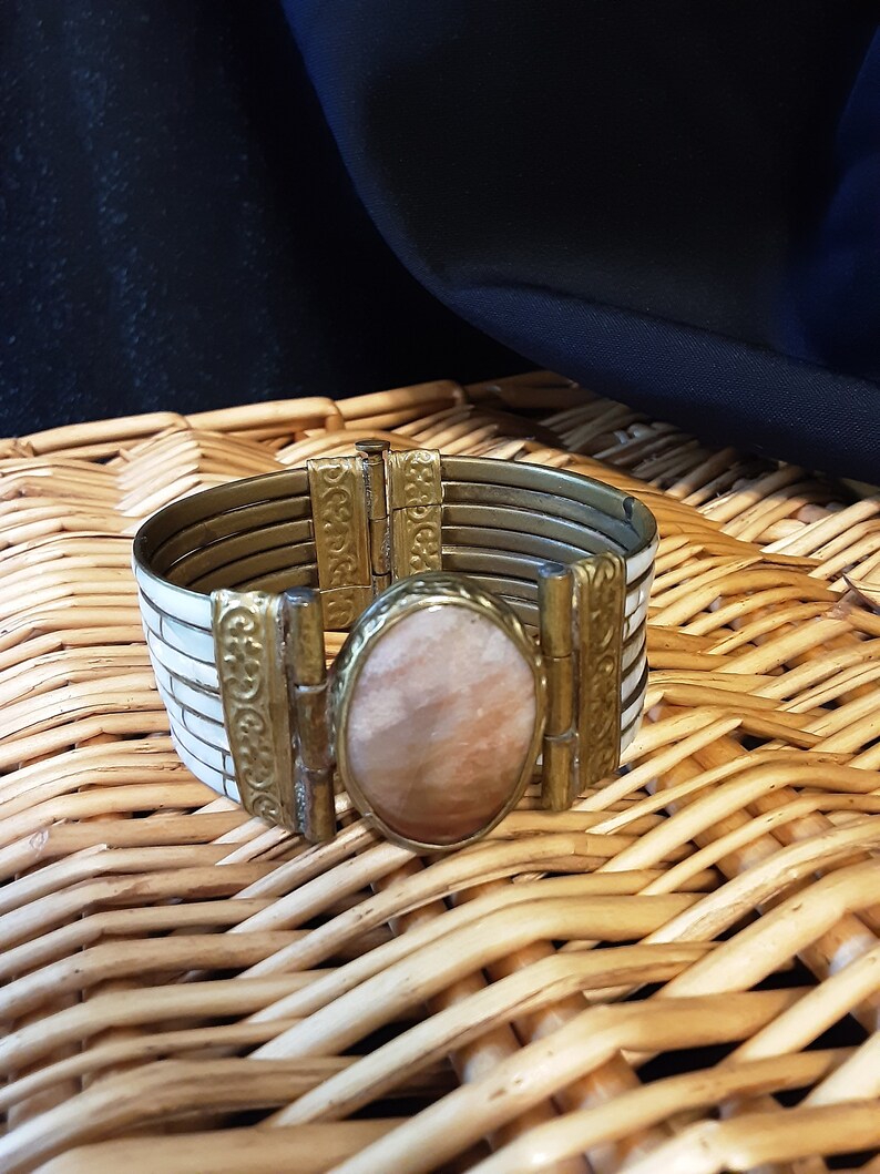 Mother of Pearl and Carnelian Stone, Vintage Cuff Bracelet image 1