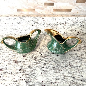 Sugar and Creamer Dish, China Company, Handpainted, Hunter Green, 22 KT Gold Plated, Sugar Bowl and Cream Dish