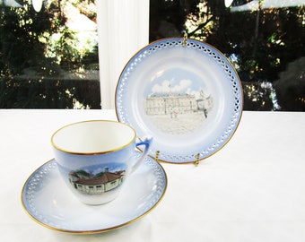Copenhagen Porcelain, Dinner Set, Cup, Saucer, Bread Plate, H. C. Andersens House,  Painting of  Amalienborg Palace