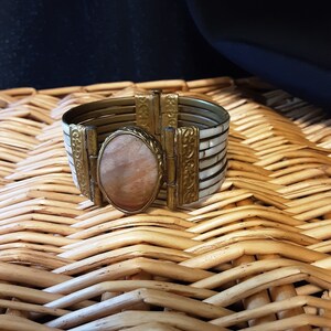 Mother of Pearl and Carnelian Stone, Vintage Cuff Bracelet image 2