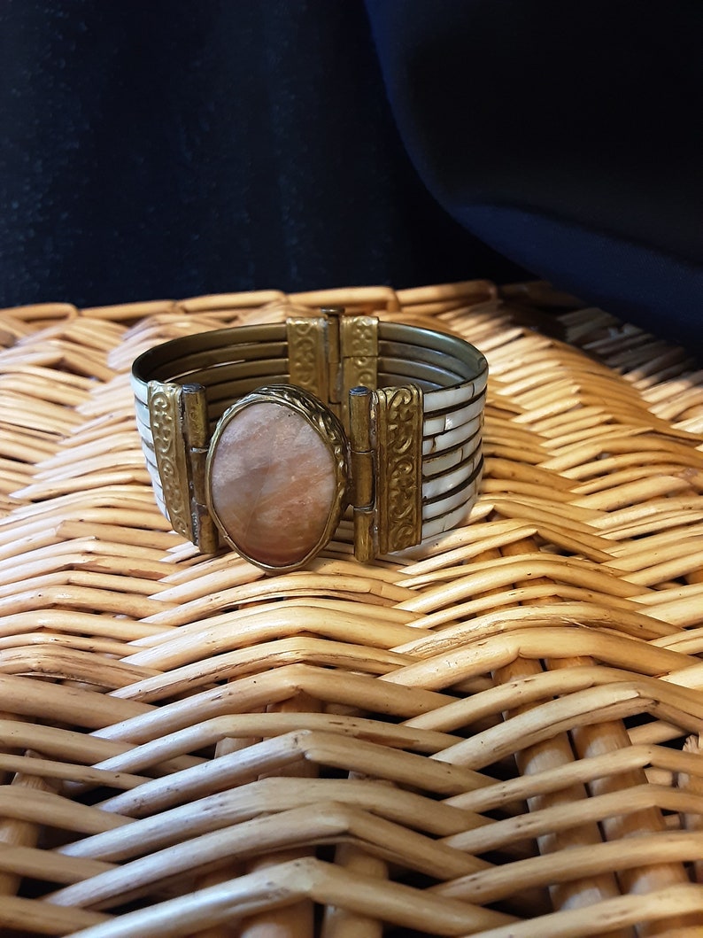 Mother of Pearl and Carnelian Stone, Vintage Cuff Bracelet image 2