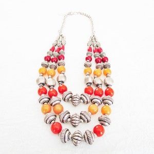 Vintage Three Strand Silver, Deep Red and Butterscotch Beaded Necklace