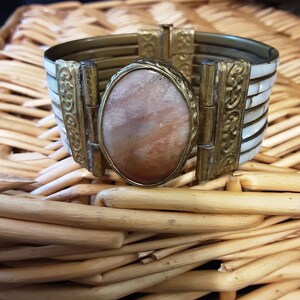 Mother of Pearl and Carnelian Stone, Vintage Cuff Bracelet image 7