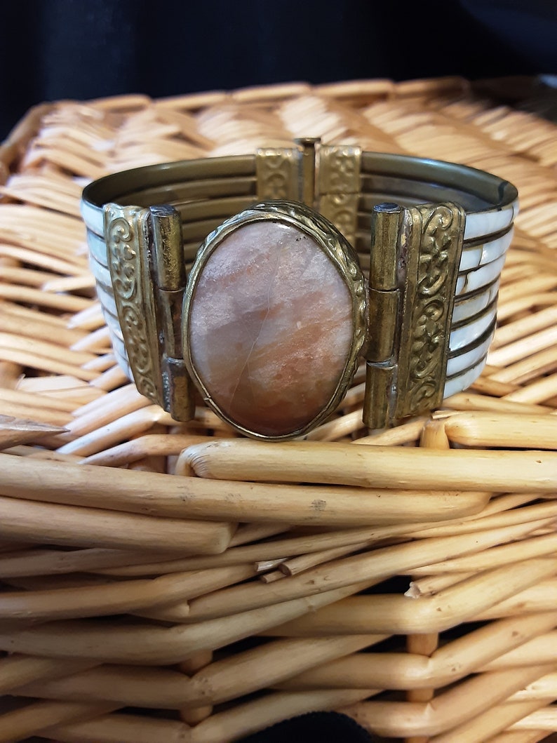 Mother of Pearl and Carnelian Stone, Vintage Cuff Bracelet image 7