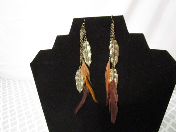Feathers Earrings Golden Leaves Pierced Earrings Vintage Native American