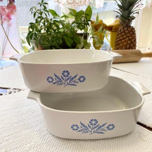 May include: Two white ceramic baking dishes with blue floral designs. The dishes are stacked on top of each other.