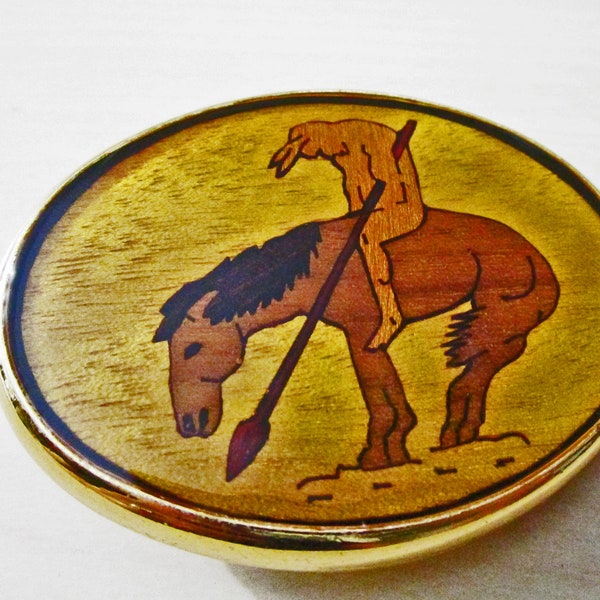 Belt Buckle made by Von West, USA Ft. Collins Indian Belt Buckle, "Trail of Tears" Rare. Painted on wood, Native American Indian on a Horse