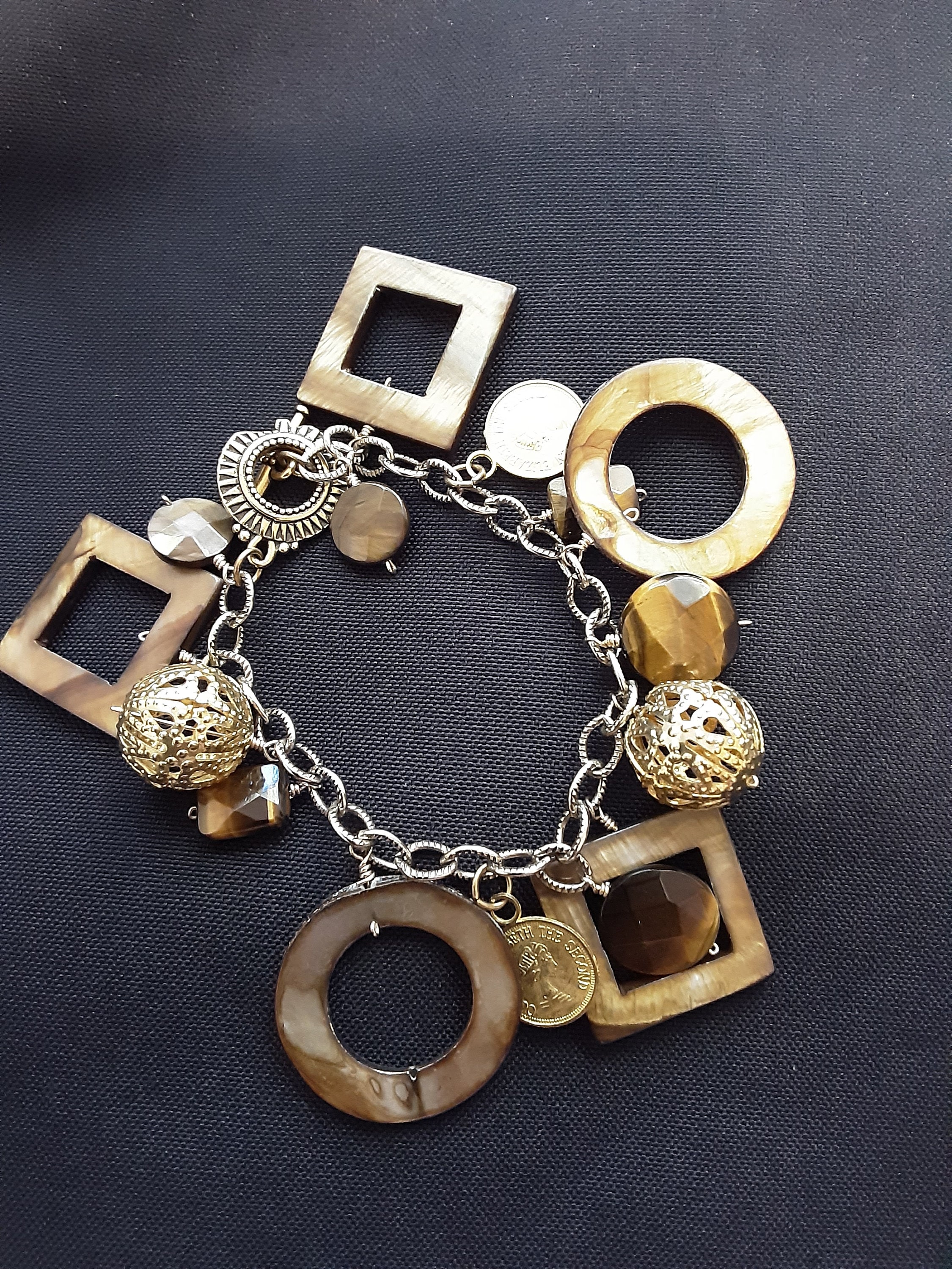 Tigers Eye and Mother of Pearl Vintage Charm Bracelet