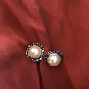 Beautiful Boma 925 Sterling Post Earrings Vintage Pearl Marcasite