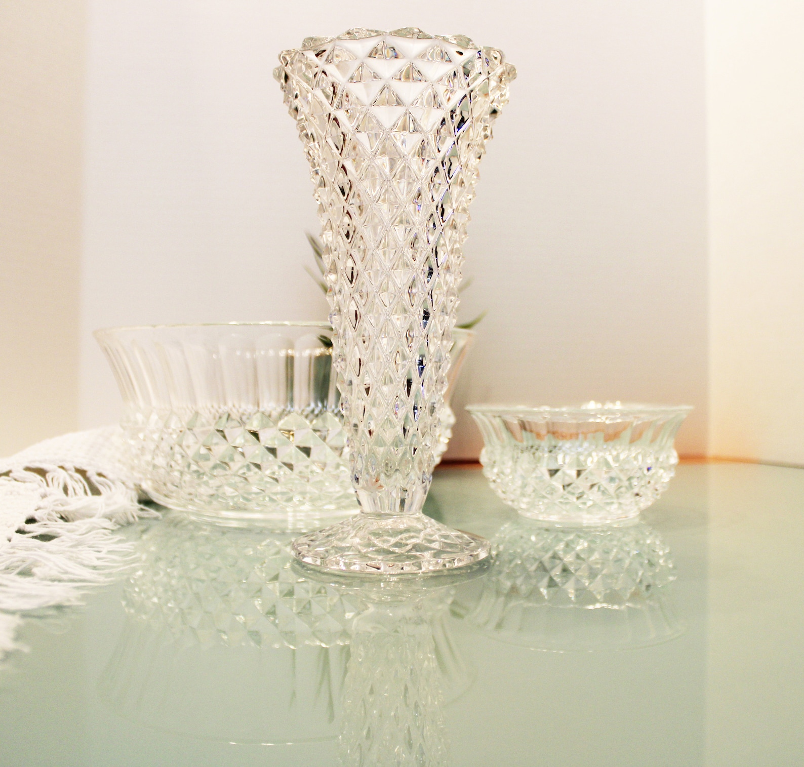 Vintage Diamond Cut Crystal Glass Vase Large Bowl and Small Etsy