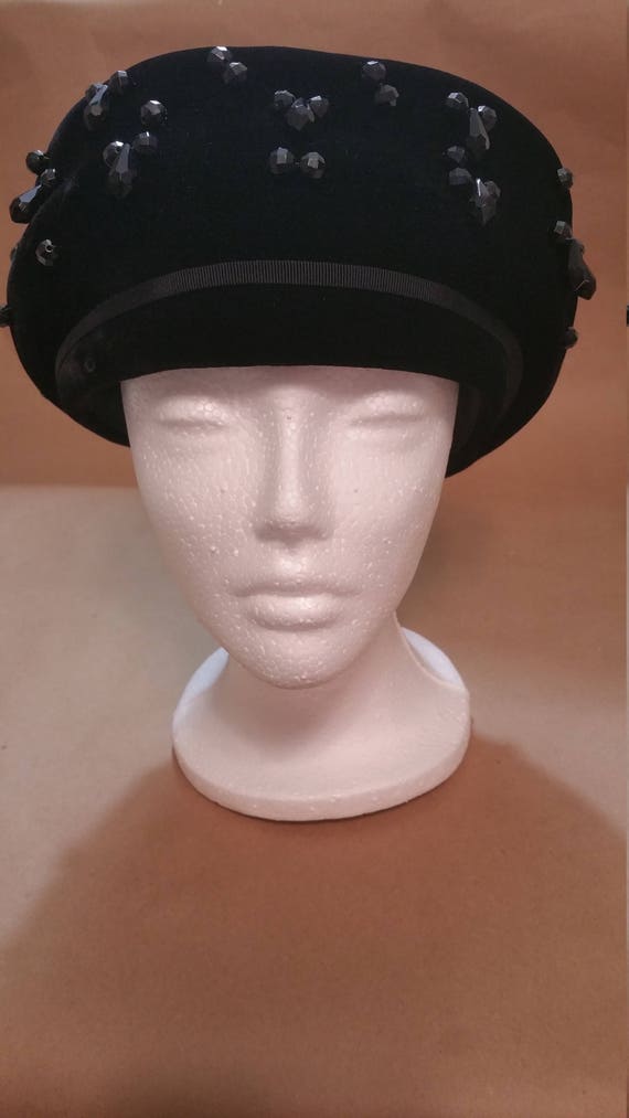 Pillbox Hat Black Velvet Jeweled