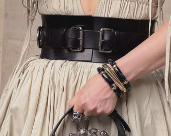 Genuine Leather Belt Set, Gothic Waist Belt, Leather Cuffs, Burning Man Outfit
