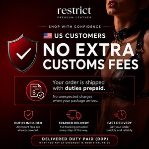 May include: A black leather harness and choker set with metal hardware. The image features text stating Restrict Premium Leather, US Customers No Extra Customs Fees, Shop With Confidence, Duties Included, Tracked Delivery, and Fast Delivery.