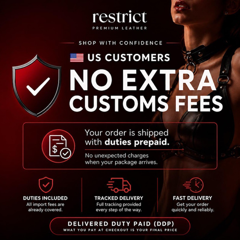 May include: A black leather harness and choker set with metal hardware. The image features text stating Restrict Premium Leather, US Customers No Extra Customs Fees, Shop With Confidence, Duties Included, Tracked Delivery, and Fast Delivery.