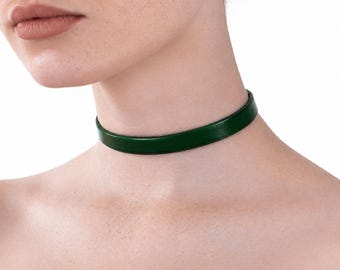Thin Green Choker Necklace, Leather Collar for Women, Minimalist Gothic Choker, Handmade Jewelry